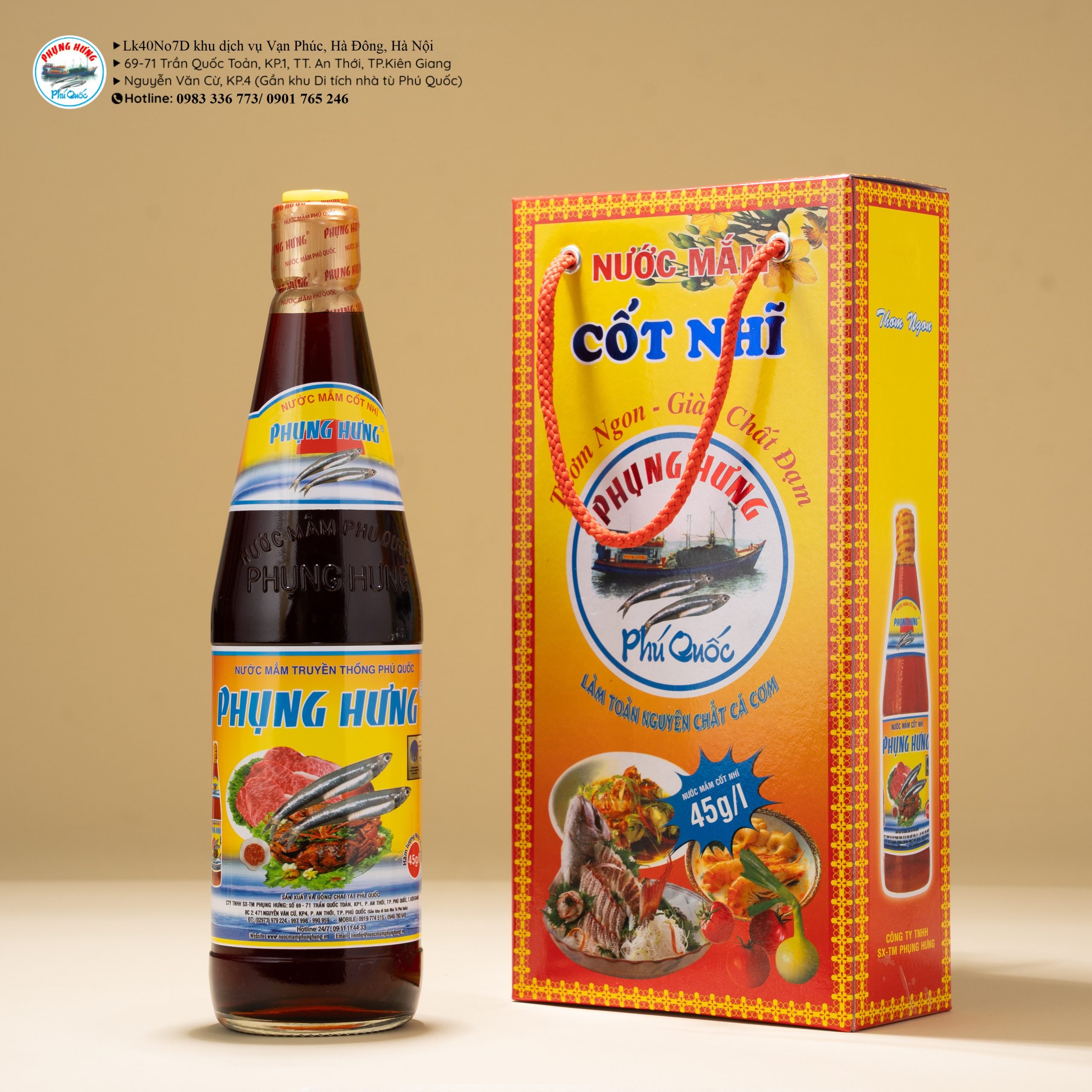 Hộp 2 chai nước mắm Phụng Hưng Phú Quốc 45 độ đạm 700ml