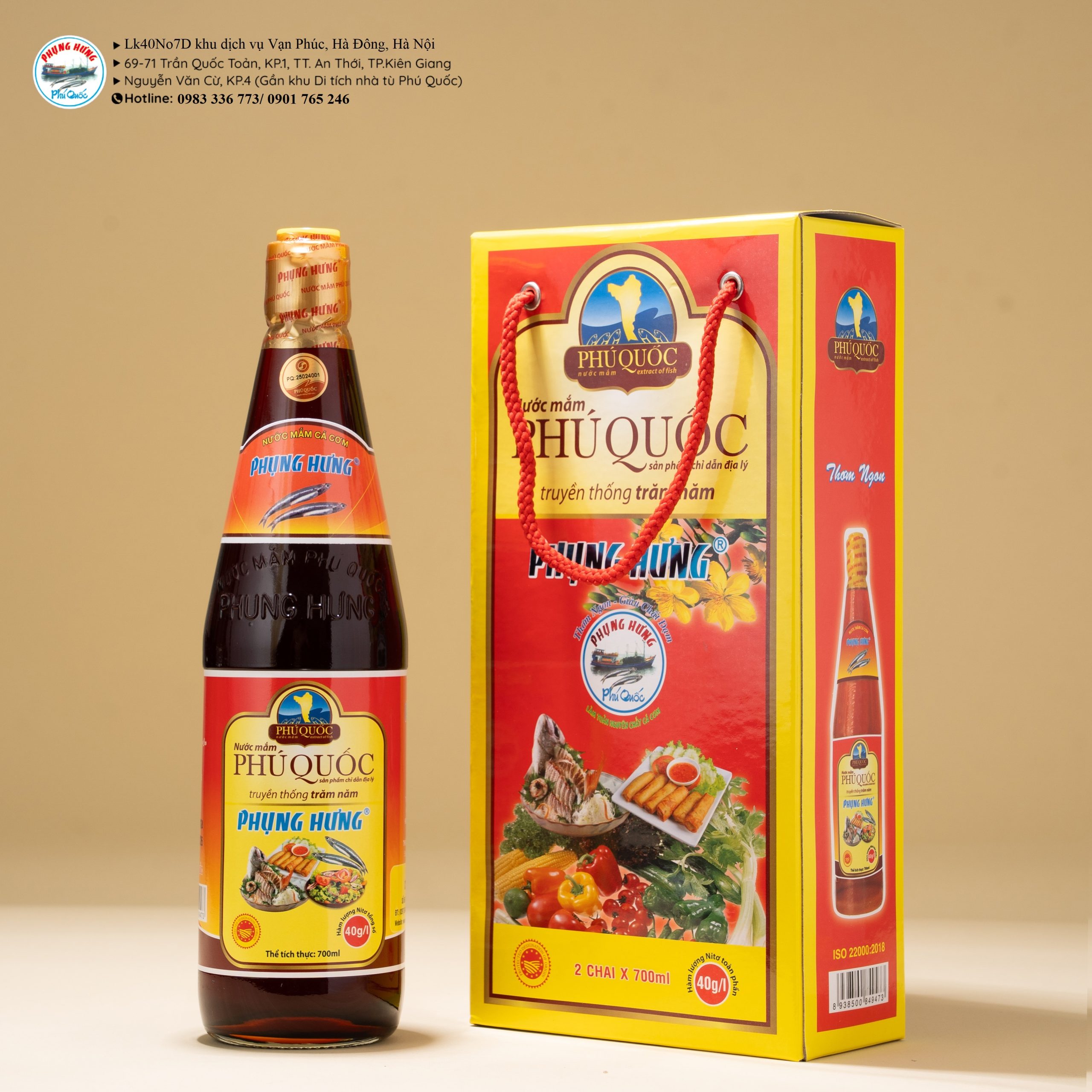 Hộp hai chai nước mắm Phụng Hưng Phú Quốc 40 độ đạm 700ml