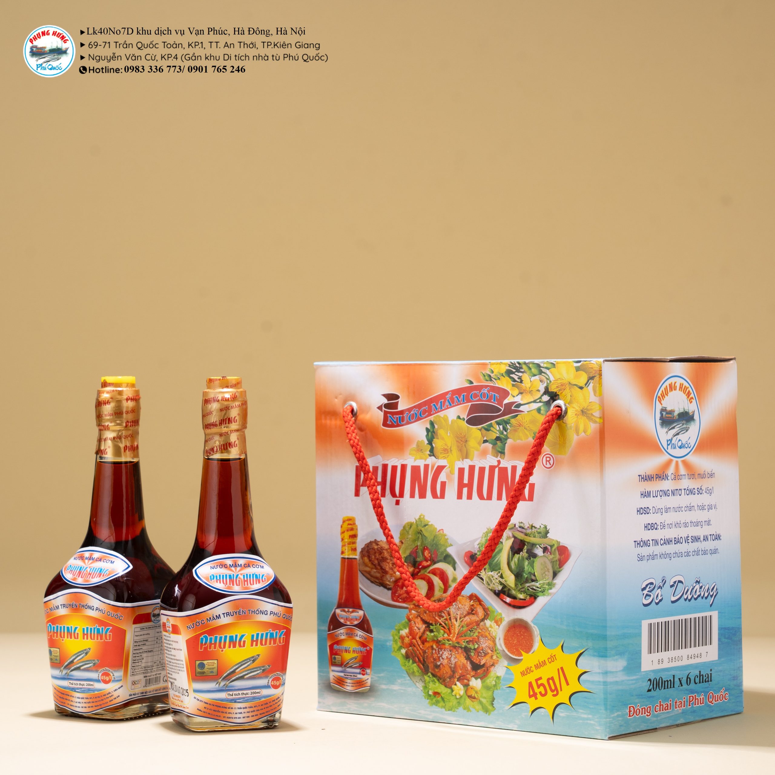 Hộp 6 chai nước mắm Phụng Hưng Phú Quốc 45 độ đạm 200ml