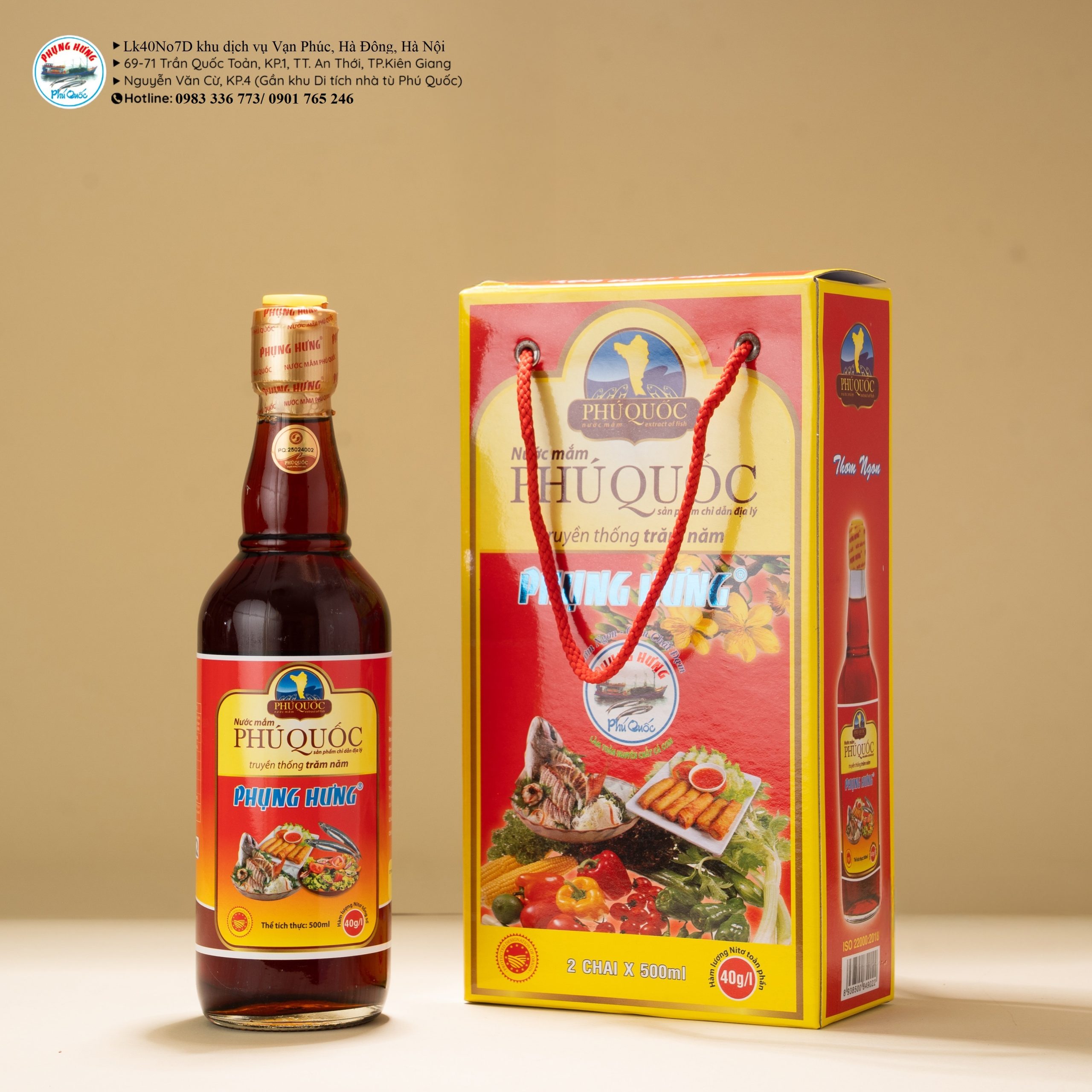 Hộp 2 chai nước mắm Phụng Hưng Phú Quốc 40 độ đạm 500ml